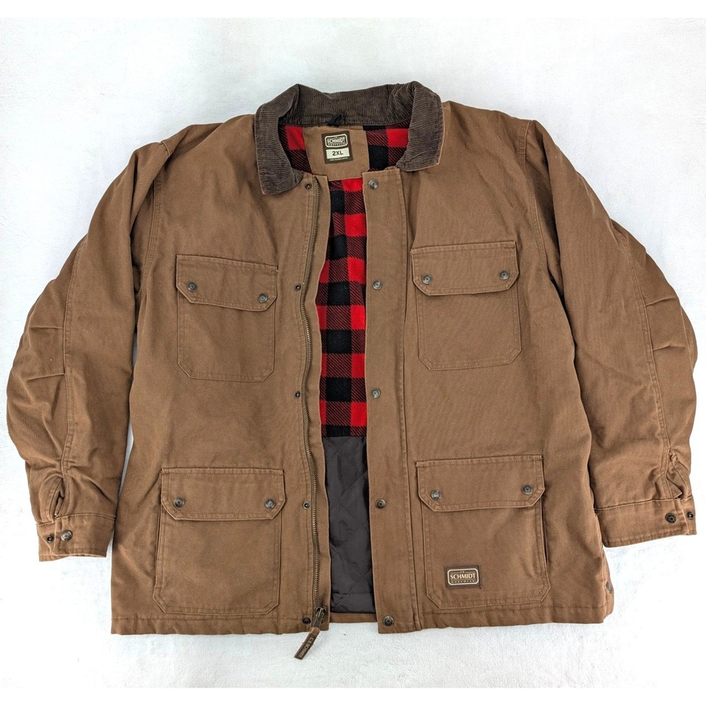 C.E. Schmidt Workwear Canvas Field Chore Jacket Plaid Lined Brown 2XL